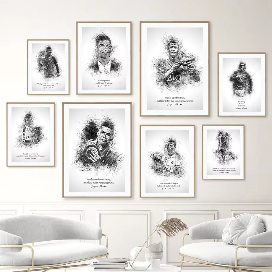 Black White Best FIFA Player Cristiano Ronaldo Nordic Posters and Prints Wall Art Canvas Painting Home Decoration Pictures Club